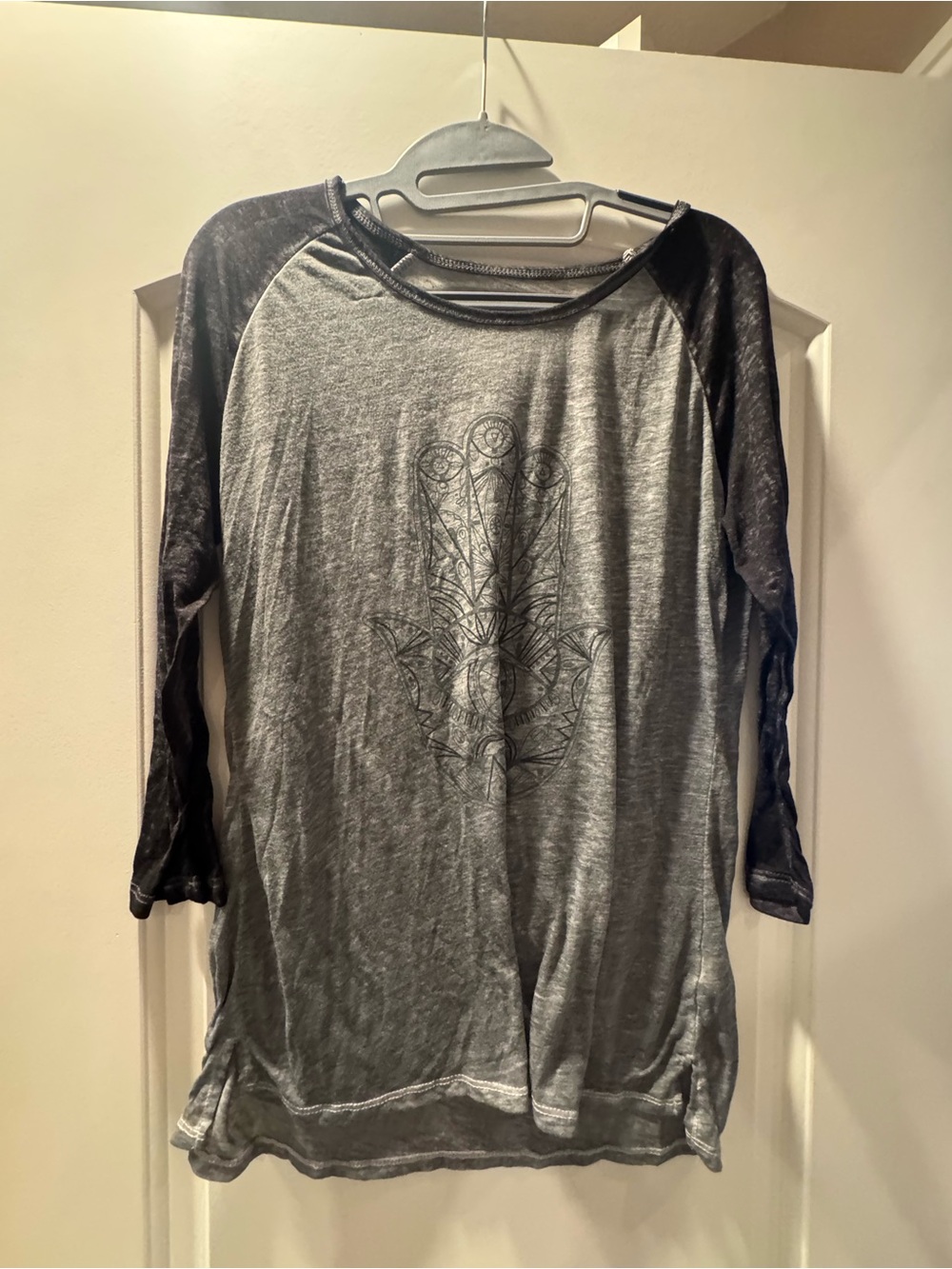 Yoga Long Sleeve, Gray and Black Raglan Long-Sleeve Tee with Hamsa Graphic